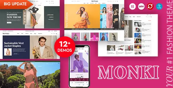 Monki Elementor WooCommerce theme homepage demo showing fashion store layout with mega menu, product grid, and promotional slider