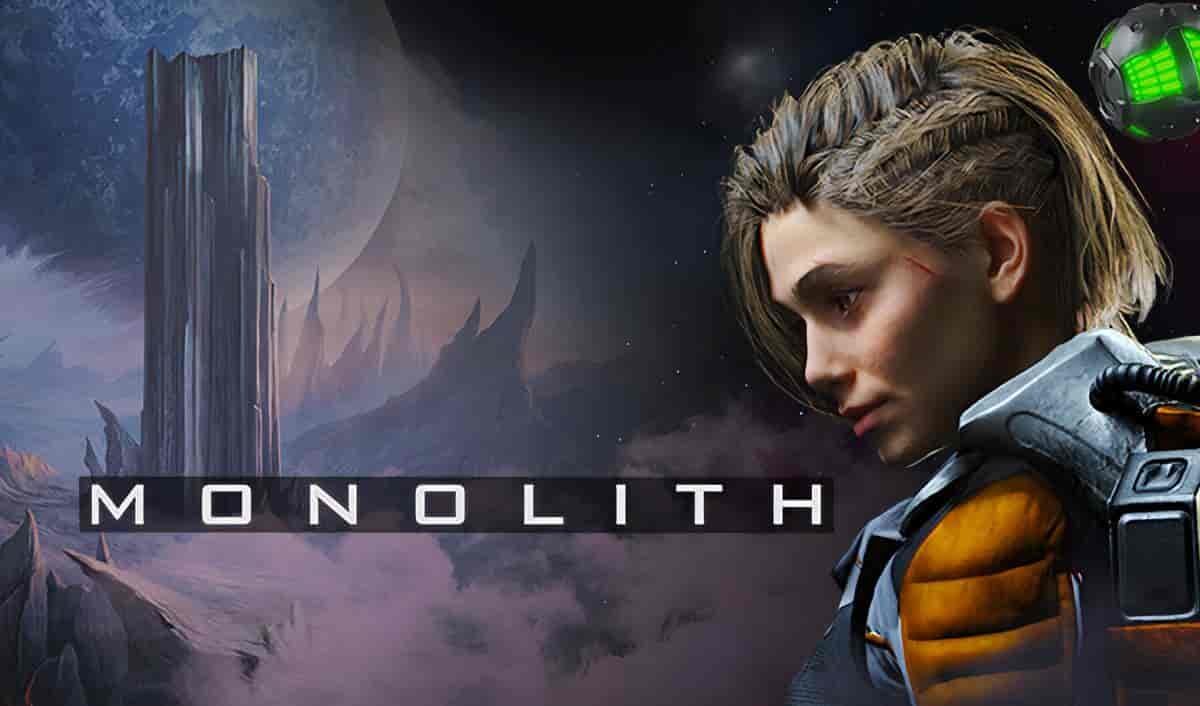 Monolith PC game cover art showing a space explorer on a barren alien planet