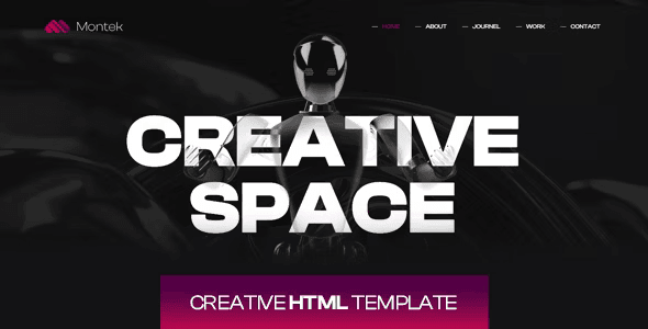 Montek creative HTML template dark theme preview with interactive 3D robot animation