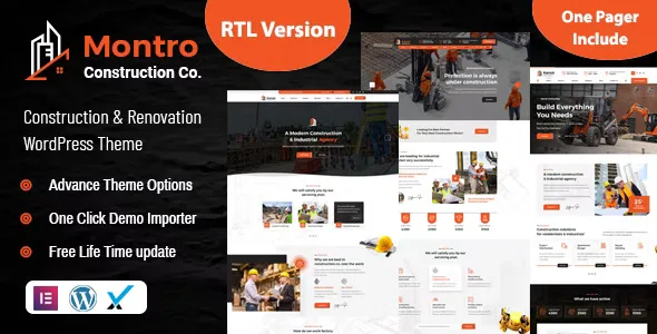 Montro construction WordPress theme homepage demo preview showing building company website layout with Elementor