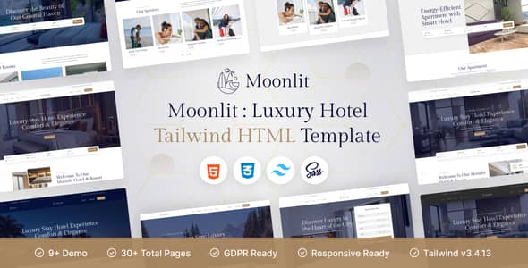 Moonlit hotel HTML template preview showcasing a responsive Tailwind CSS hospitality website design