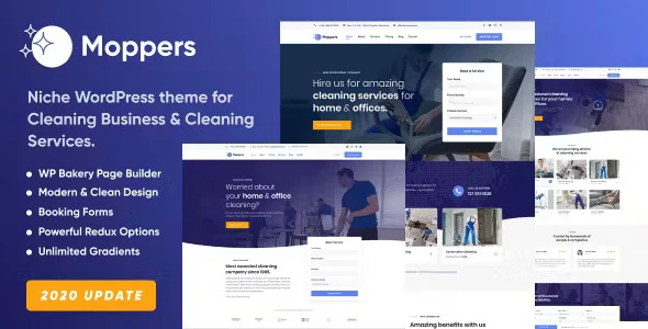 Moppers cleaning company WordPress theme preview showcasing responsive homepage layout