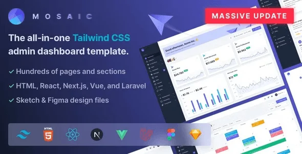 Mosaic Tailwind CSS admin dashboard template with pre-built HTML dashboard layouts
