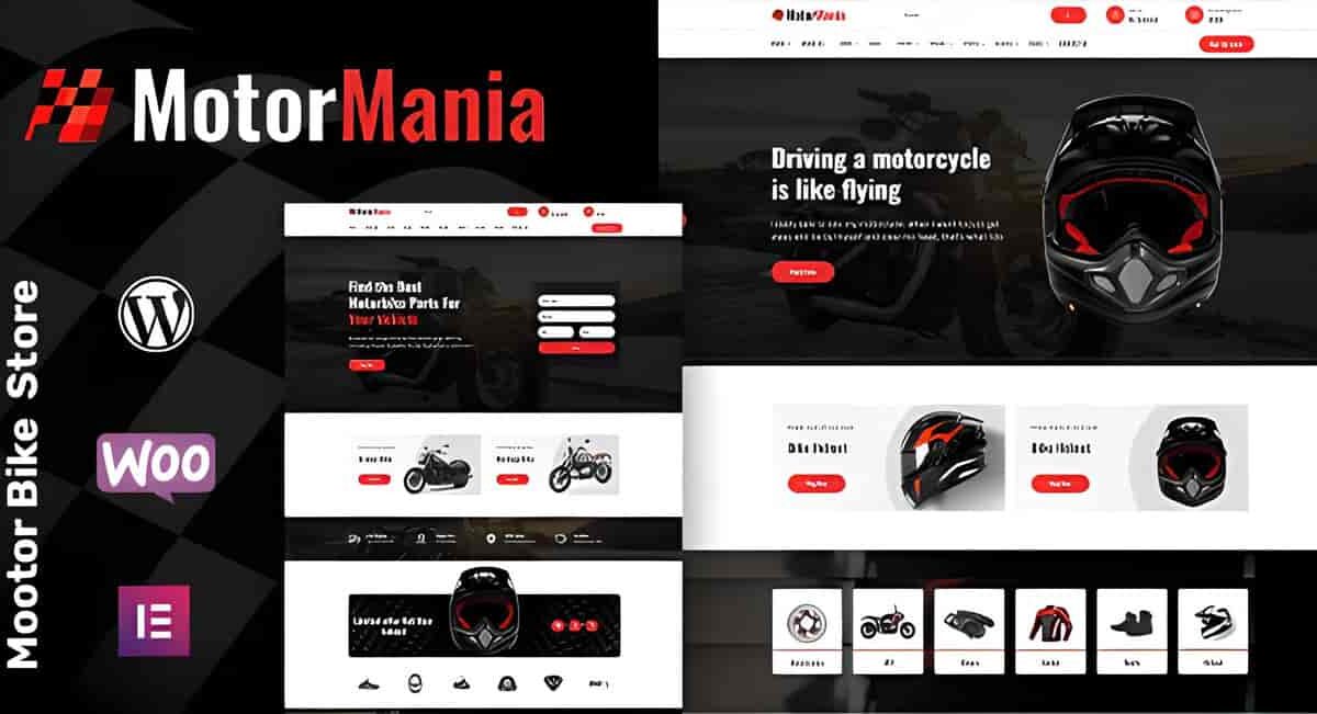 MotorMania motorcycle WooCommerce theme preview for WordPress online stores