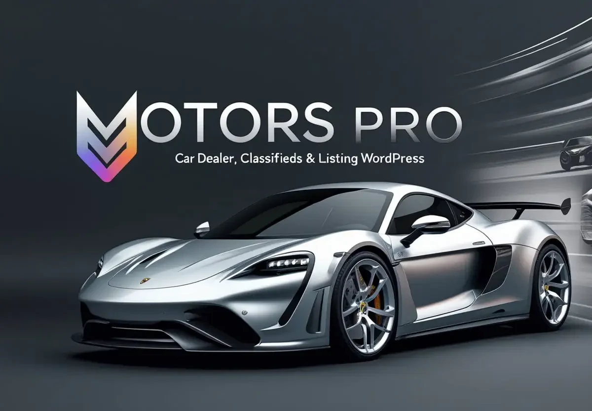 Motors Pro WordPress plugin interface showing car dealership listings, search filters, and vehicle inventory management