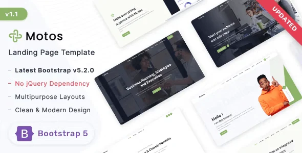 Motos responsive landing page template HTML5 Bootstrap 5 preview