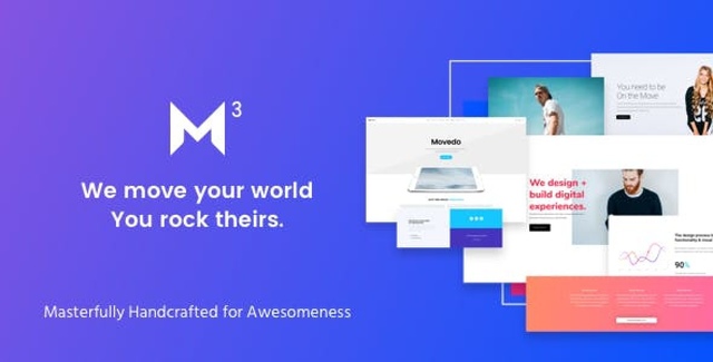 Movedo creative multifunctional WordPress theme homepage preview showcasing parallax effects and modern layout design