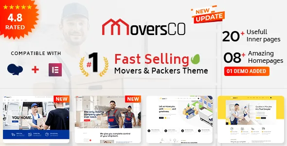 MoversCO moving company WordPress theme with responsive design and one-click demo import