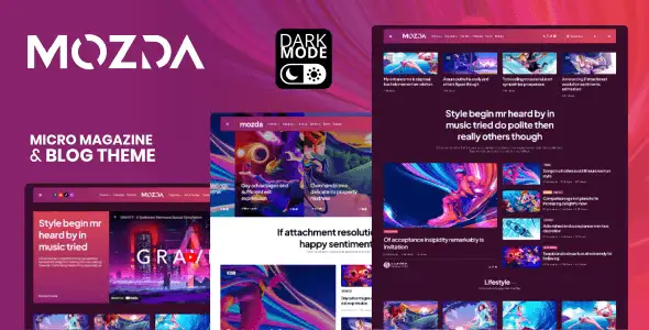 Mozda micro magazine and blog WordPress theme with dark mode interface
