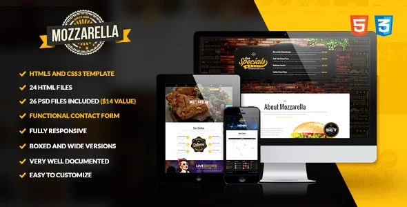 Mozzarella cafe bar website template preview showcasing a responsive HTML5 CSS3 layout for menus and events