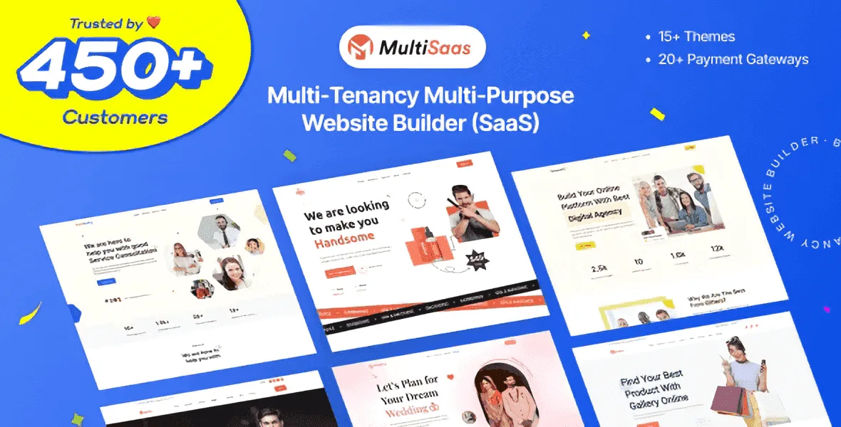 MultiSaas multi-tenant website builder SaaS PHP script dashboard showing tenant management and drag-and-drop page builder interface