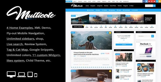 Multicote responsive WordPress magazine theme featuring masonry layouts and Elementor PRO customization options