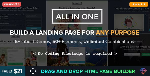 All In One multipurpose landing page HTML template preview with multiple layout options