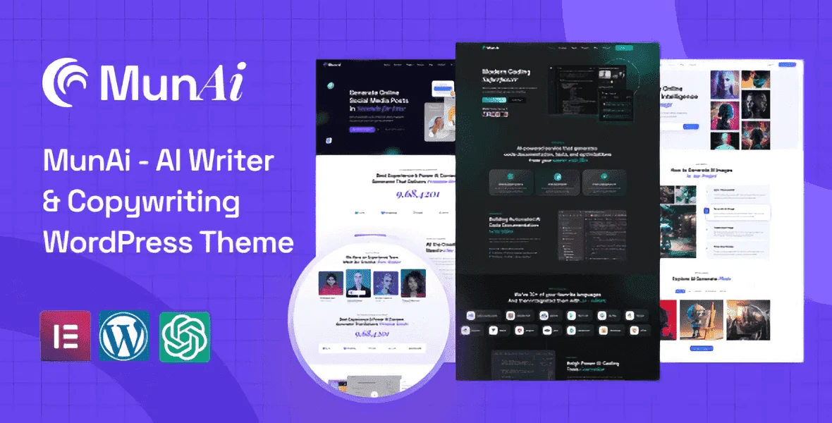 MunAi AI writer and copywriting WordPress theme preview with Elementor page builder layout