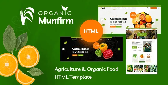 Munfirm organic food HTML template showcasing responsive agricultural website design with five homepage variations