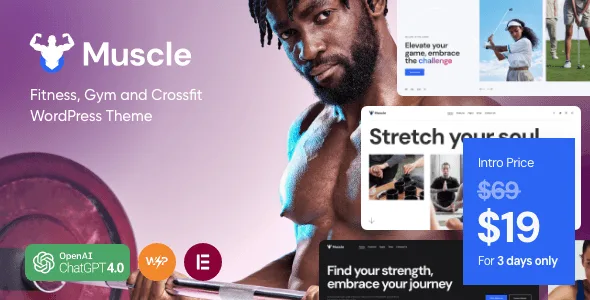 Muscle gym WordPress theme preview showcasing a modern fitness center website layout