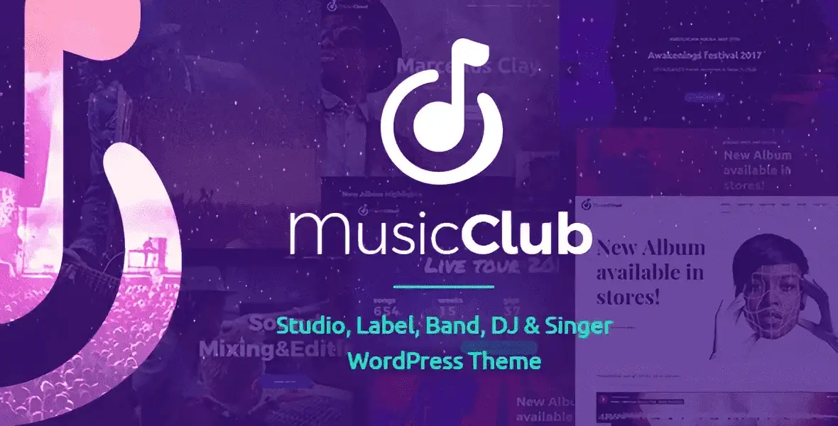 Music Club WordPress theme homepage showing responsive design for band website with tour dates, music player, and merch store