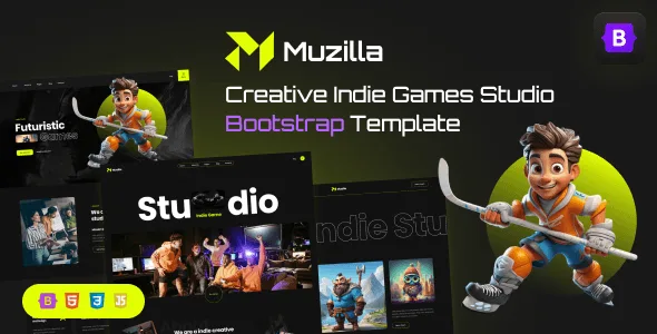 Muzilla Bootstrap 5 HTML template preview for indie game studio websites