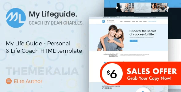 My LifeGuide life coach HTML template preview showing portfolio, blog, testimonials, and personal profile pages