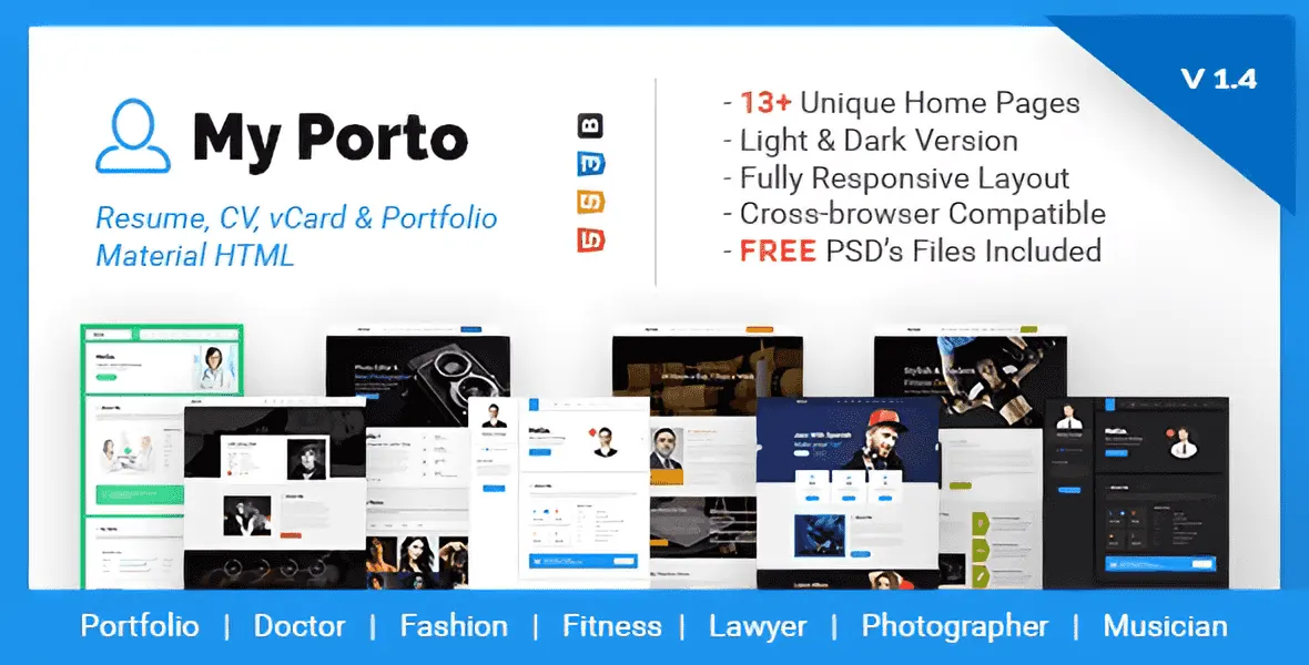 My Porto Resume and VCard HTML Template preview with light and dark versions
