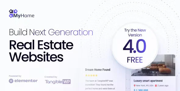 MyHome Real Estate WordPress Theme dashboard showing property listings, search filters, and customizable layout options