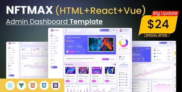 NFTMAX Bootstrap 5 NFT admin dashboard template interface showing marketplace components