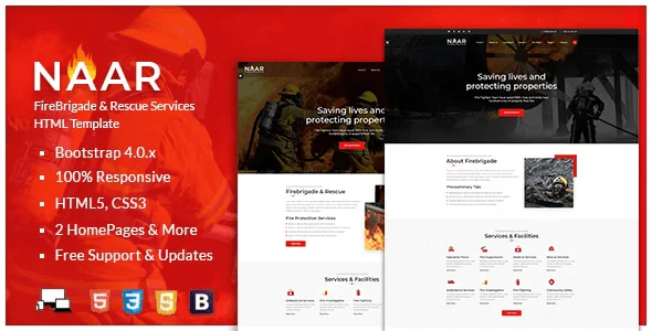 Naar fire brigade and rescue HTML template with responsive design for firefighter organizations