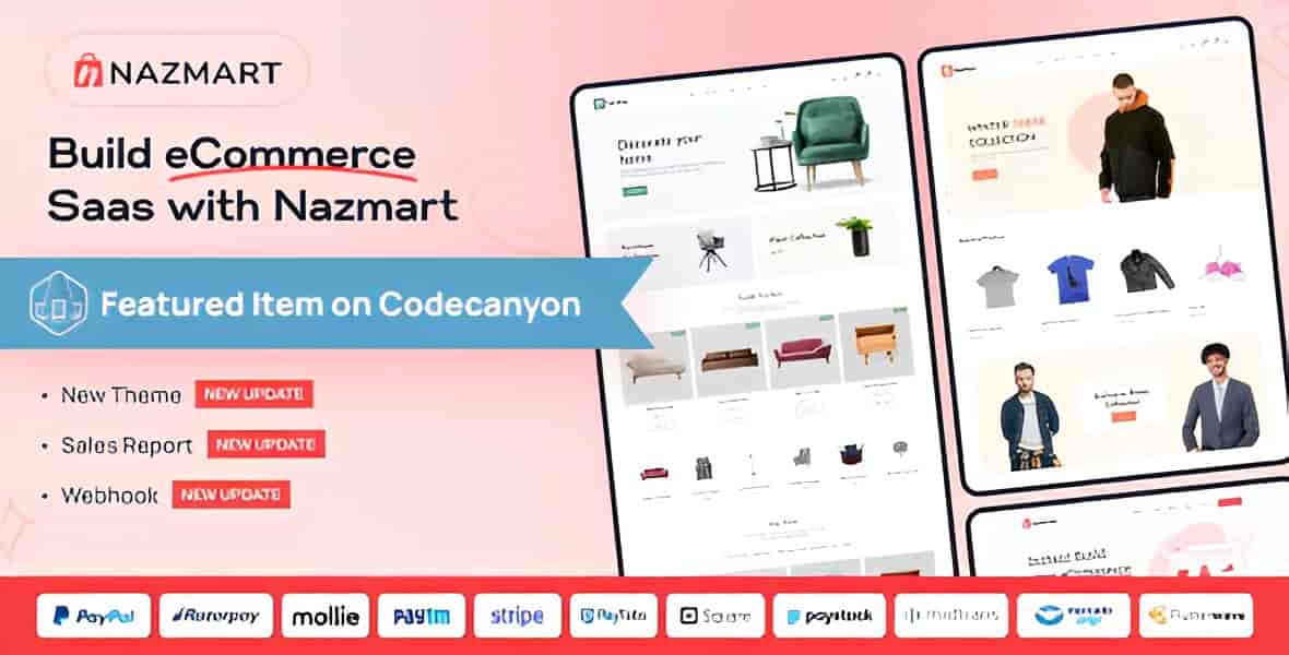 Nazmart multi-tenant SaaS ecommerce PHP script dashboard showing tenant stores with custom domains