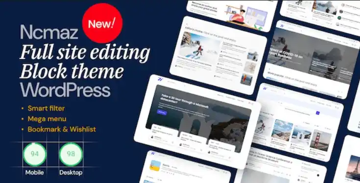 Ncmaz WordPress news magazine theme homepage with Full Site Editing and multimedia blog layouts