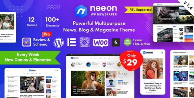 Neeon WordPress news magazine theme preview showing customizable layouts and modern design