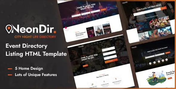 NeonDir responsive directory listing HTML template preview showing multiple home page layouts on desktop and mobile devices