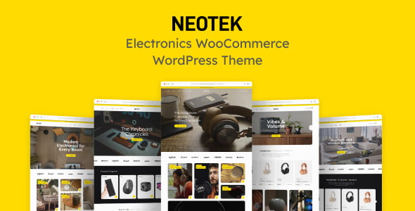 Neotek electronics WordPress theme homepage showing tech product grid, header builder, and Elementor editing interface