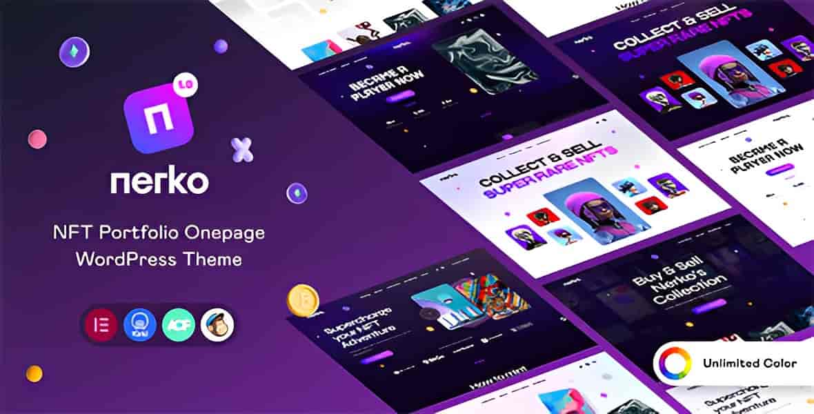 Nerko NFT portfolio WordPress theme preview showing Elementor PRO layout for crypto and digital art collections