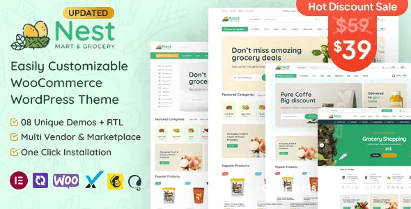 Nest grocery store WooCommerce theme homepage layout with Elementor