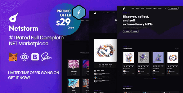Netstorm NFT Marketplace HTML Template preview showing React-based crypto platform interface