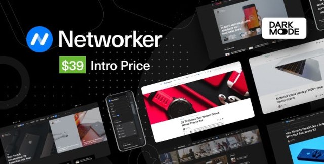 Networker tech news WordPress theme interface showing dark mode and magazine layout