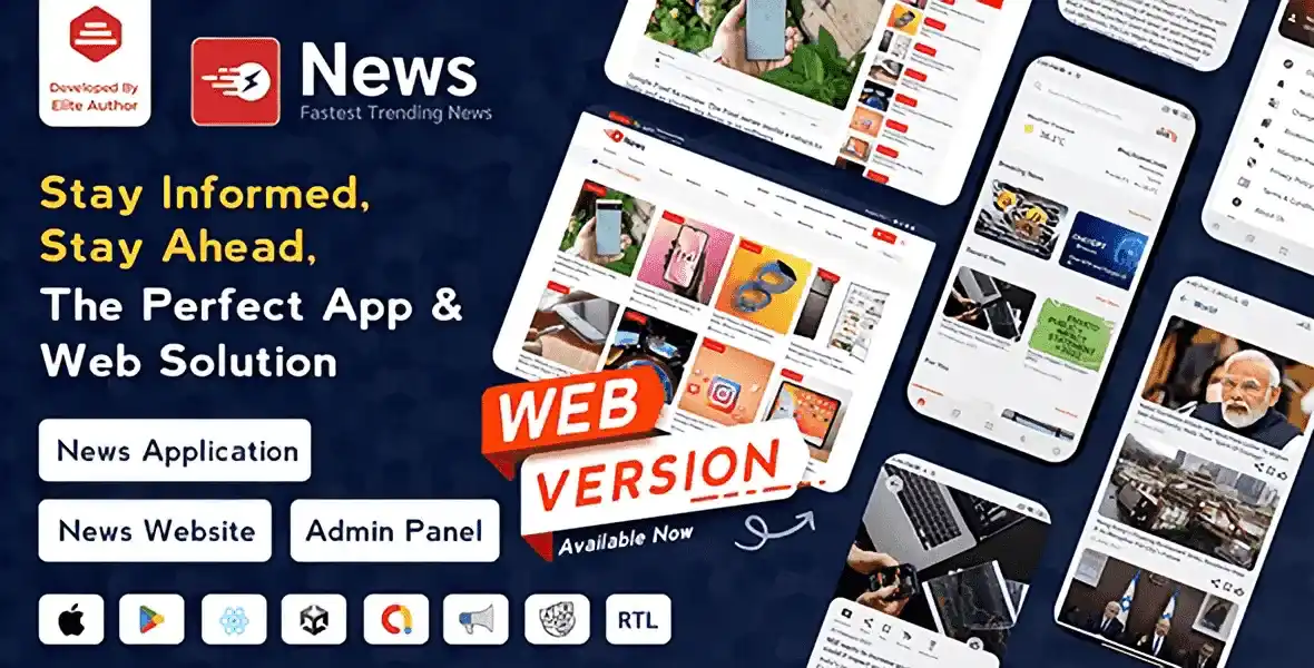 Flutter News App with Admin Panel running on Android and iPhone showing news articles in light and dark themes