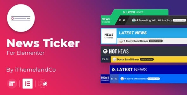 News Ticker for Elementor plugin interface showing dynamic ticker layouts with customizable animations and branding options