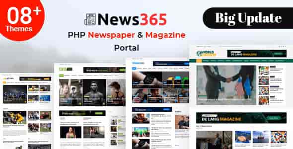 News365 PHP newspaper script interface showing news portal layout with ad slots and user management dashboard