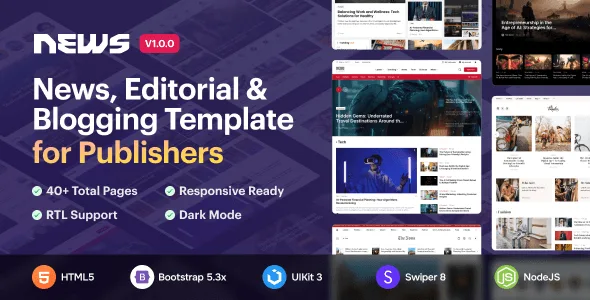 News5 Bootstrap 5 news and magazine HTML template interface with dark mode and grid layouts