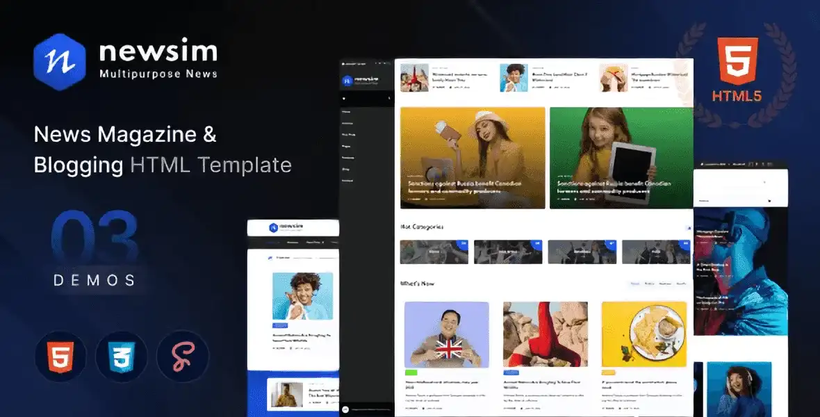 Newsim news magazine HTML template preview showing responsive editorial layout with multiple demo variations