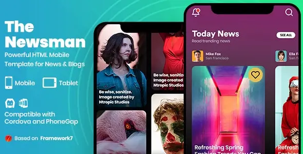 Newsman mobile HTML template for news and magazine sites built with Framework7