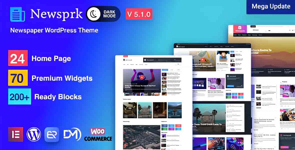 Newsprk newspaper WordPress theme homepage preview showing magazine layout with featured articles, categories, and responsive design
