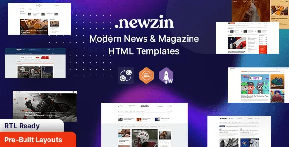 Newzin HTML newspaper and magazine template preview with responsive Bootstrap layout