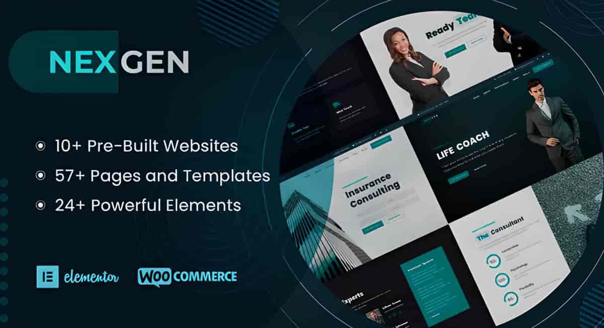 Nexgen WordPress theme dashboard showing header builder, global styling panel, and live preview of a corporate consulting website