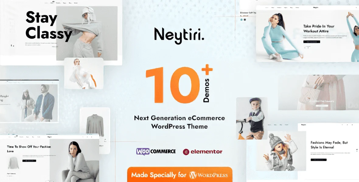 Neytiri fashion WooCommerce theme homepage preview showing modern apparel store layout with product grid and hero banner