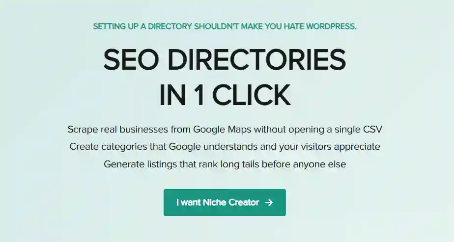 Niche Creator WordPress plugin dashboard showing Google Maps business extraction interface with category structure and listing preview