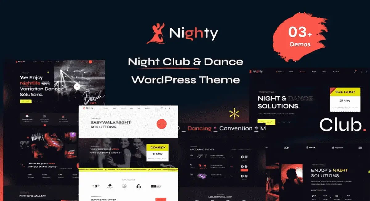 Nighty night club WordPress theme preview with modern festive design for entertainment venues