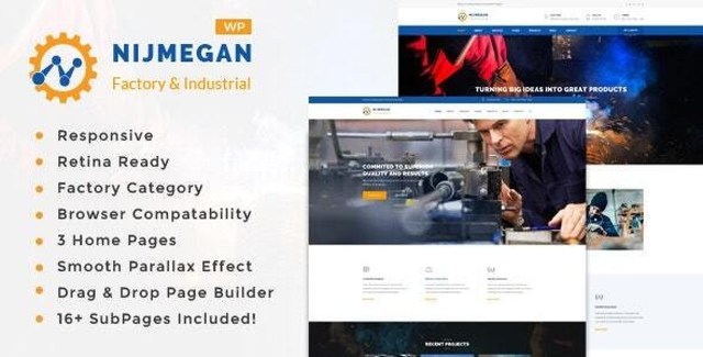 Nijmegan industrial WordPress theme homepage showing factory hero section, project portfolio grid, and multi-location map