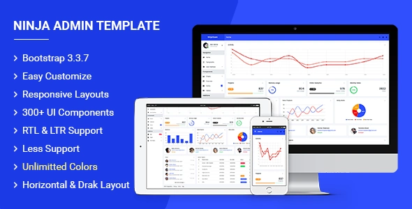 Ninja responsive admin dashboard HTML template preview with charts, tables, and UI components
